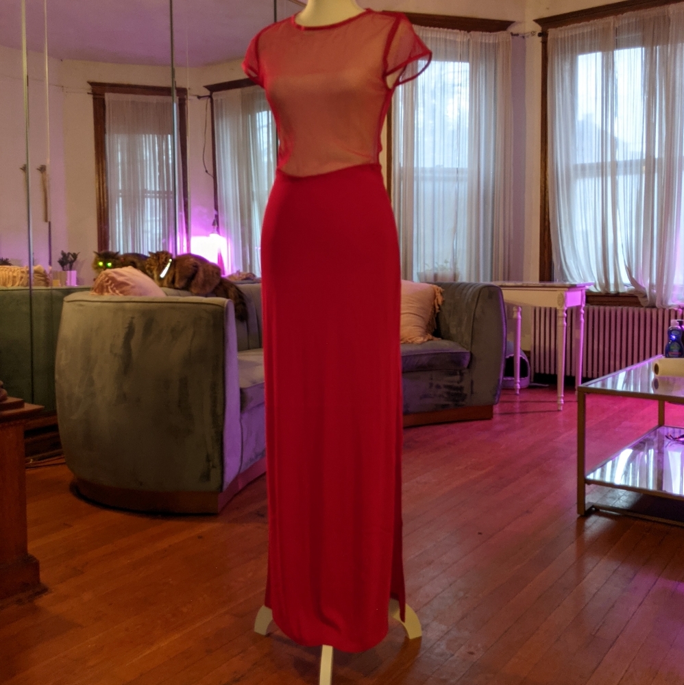 Vintage Red Mesh Short Sleeve Double Split…